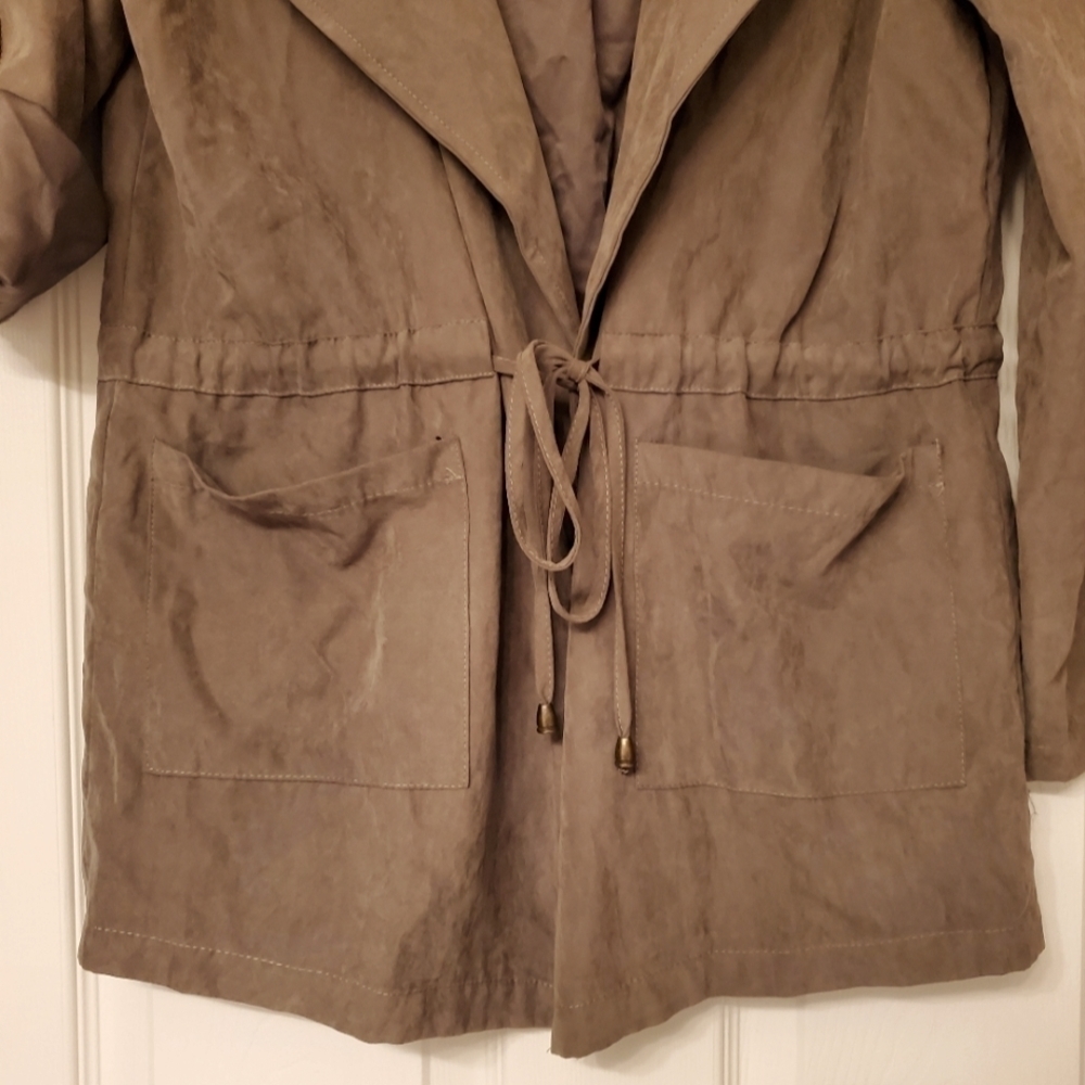 Revamped Outerwear Faux Suede Hooded Drawstring Utility Jacket Khaki Small - Picture 2 of 9